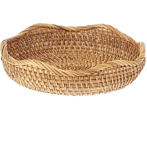 Natural Rattan Tray 8.5" Wicker Storage Bowls Hand Woven Basket Tray for Bread Fruit Key Round Fruit Baskets for Kitchen Entryway Tabletop Decorative Baskets Bowl