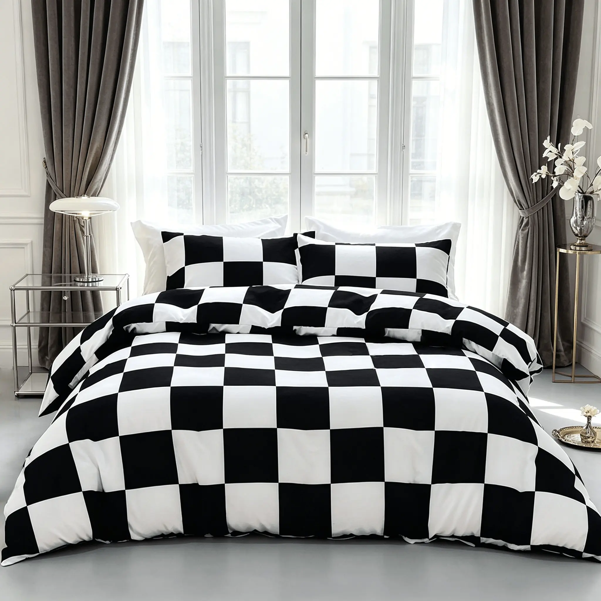 3-piece black and white checkered duvet cover set, Decorative bedding set, soft and comfortable, suitable for bedrooms and guest rooms, 1 duvet cover + 2 pillowcases, no filling included, ideal birthday gift and all year round