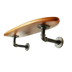 Floating Industrial Style Vintage Mahogany Skateboard Deck Shelf with Pipe Mounting System â€“ Custom Made Indoor Skate Shelving