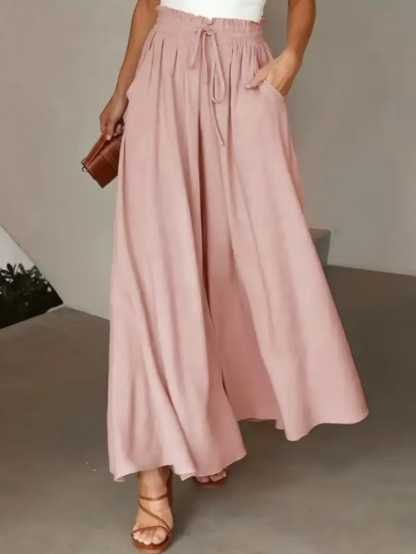 2026 Summer Women's Wide Leg Pants, High Waist Drawstring Loose Thin Trousers, Retro Literary Casual Daily Everyday Bottoms, Comfortable and Stylish, Casual Basic Trousers