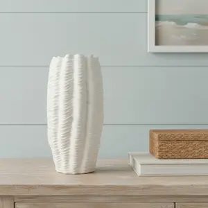 HomeRoots 608346 24 in. Cream Cylinder Ceramic Sculptural Waves Table Vase