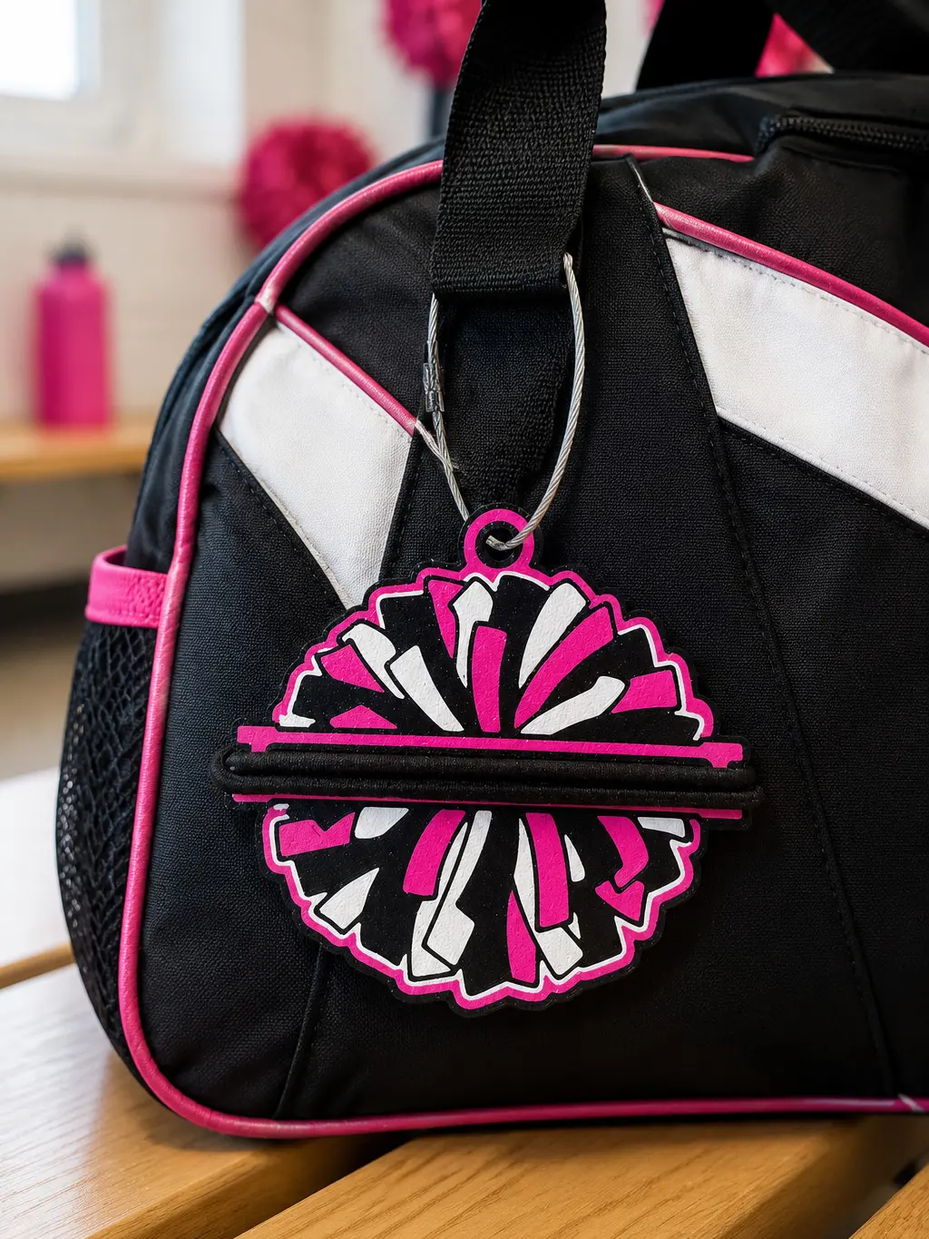 Colorful Plastic Cheering Pom-Pom Hair Tie Holder Keychain, Unisex Fashion Accessory with 2 Hair Ties for Organized Cheerleader Bag Storage