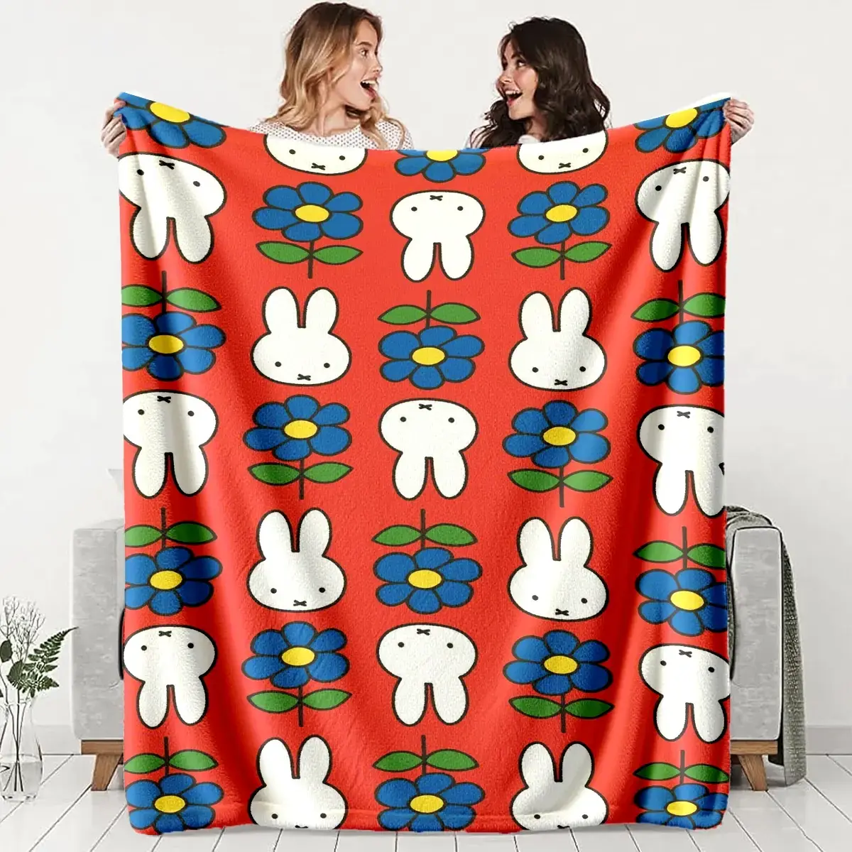 Miffy Rabbit Animal Motif Fluffy Fabric Blanket - Cozy Style, Soft, Warm, Anti-Pilling, Durable, Machine Washable, All Seasons Bedding Throw, Ideal for Napping, Camping Gift for Travel Enthusiasts