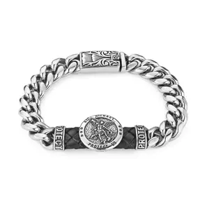 HZMAN 8.5Inch Cuban Chain Bracelet Classic Heavy Stainless Steel Bracelet for Men Biker Saint Michael Archangel Medal Link Bracelet Jewelry Gift