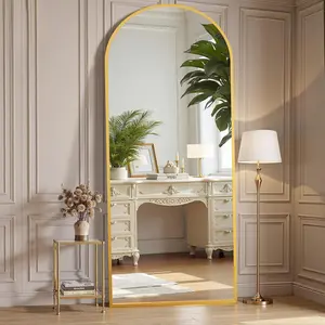 Oversized Arched Full Length Mirror - 65x24 Inch Gold Floor Mirror with Stand, Wall Mountable for Bedroom & Living Room