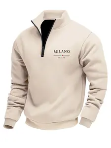 Men's Fall Winter Stand Collar Half-Zip Pullover Sweatshirt, Letter Print, Casual Streetwear Pullover, Casual Trendy Long Sleeve Top, Fitted H-Type, Casual Cozy Sweatshirt