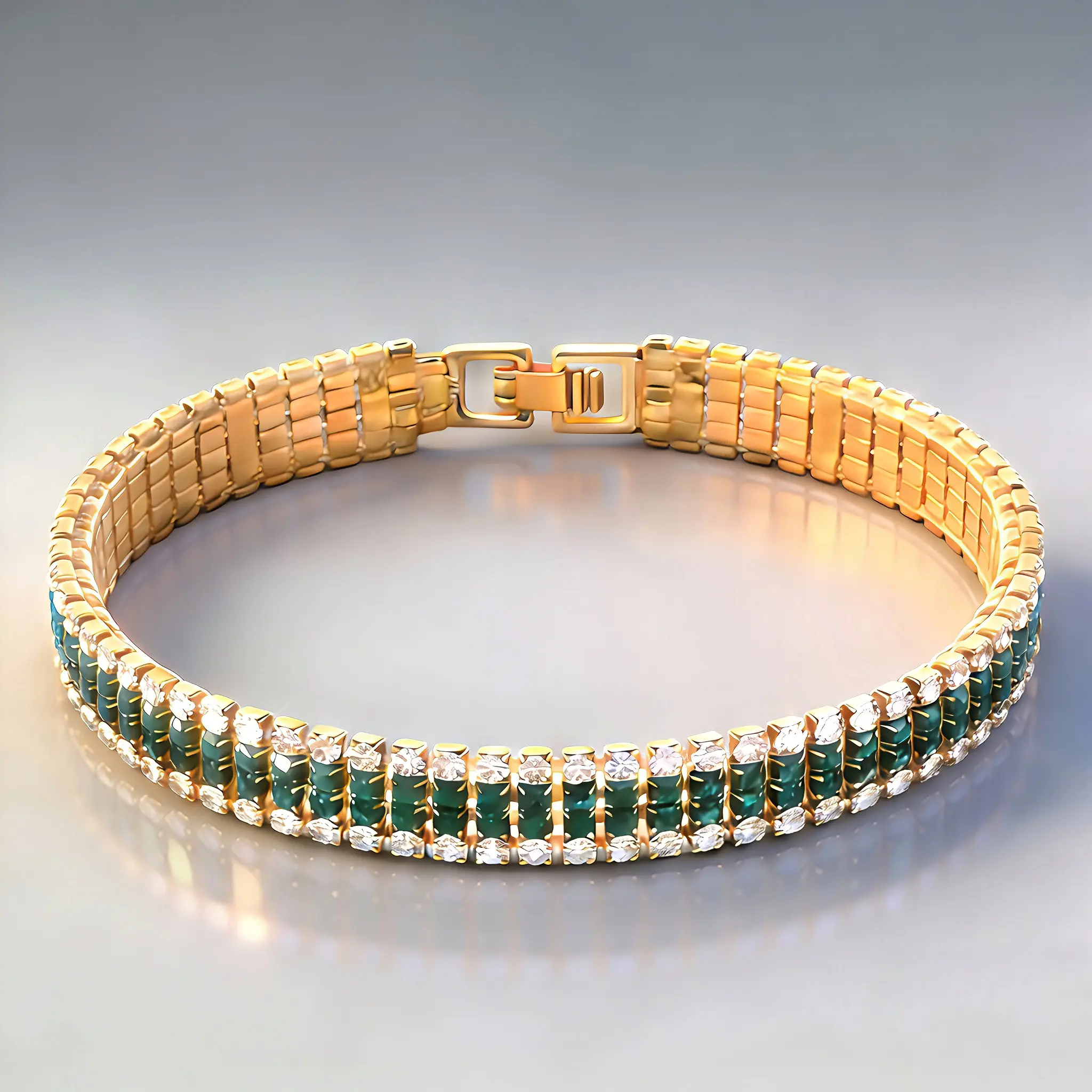 Women's Luxury Gold-Tone Green Rhinestone Classic Tennis Bracelet - Comfortable & Secure Fit, Everyday Wear, Anniversaries Gift Choice Costume Jewelry Bangle, Classic Tennis Bracelet Silhouette