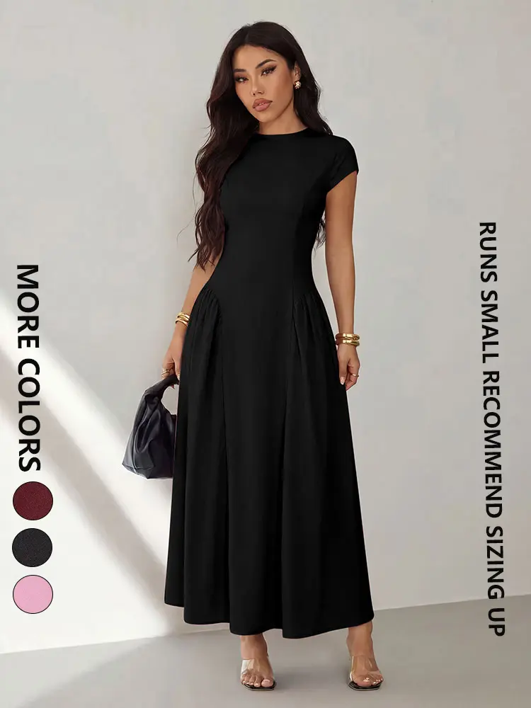 Women's Maxi Dress, Fashion Summer Elegant Party Solid Short Sleeve Round Neck A-Line Dress, Casual Sexy Slim Fit Dress Womenswear