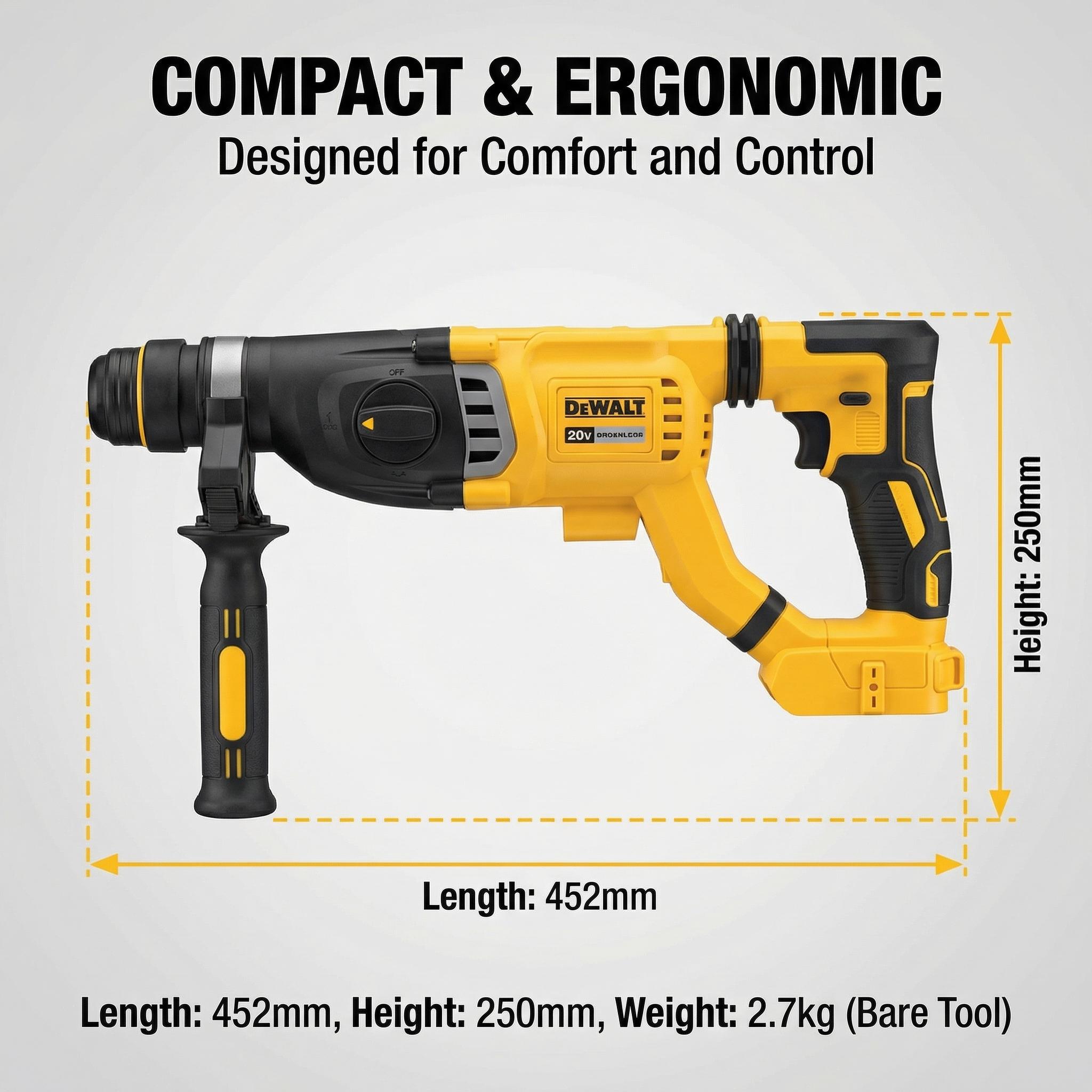DeWalt DCH263 20V Brushless Rotary Hammer Drill for Concrete Drilling with 3.0J Impact Energy
