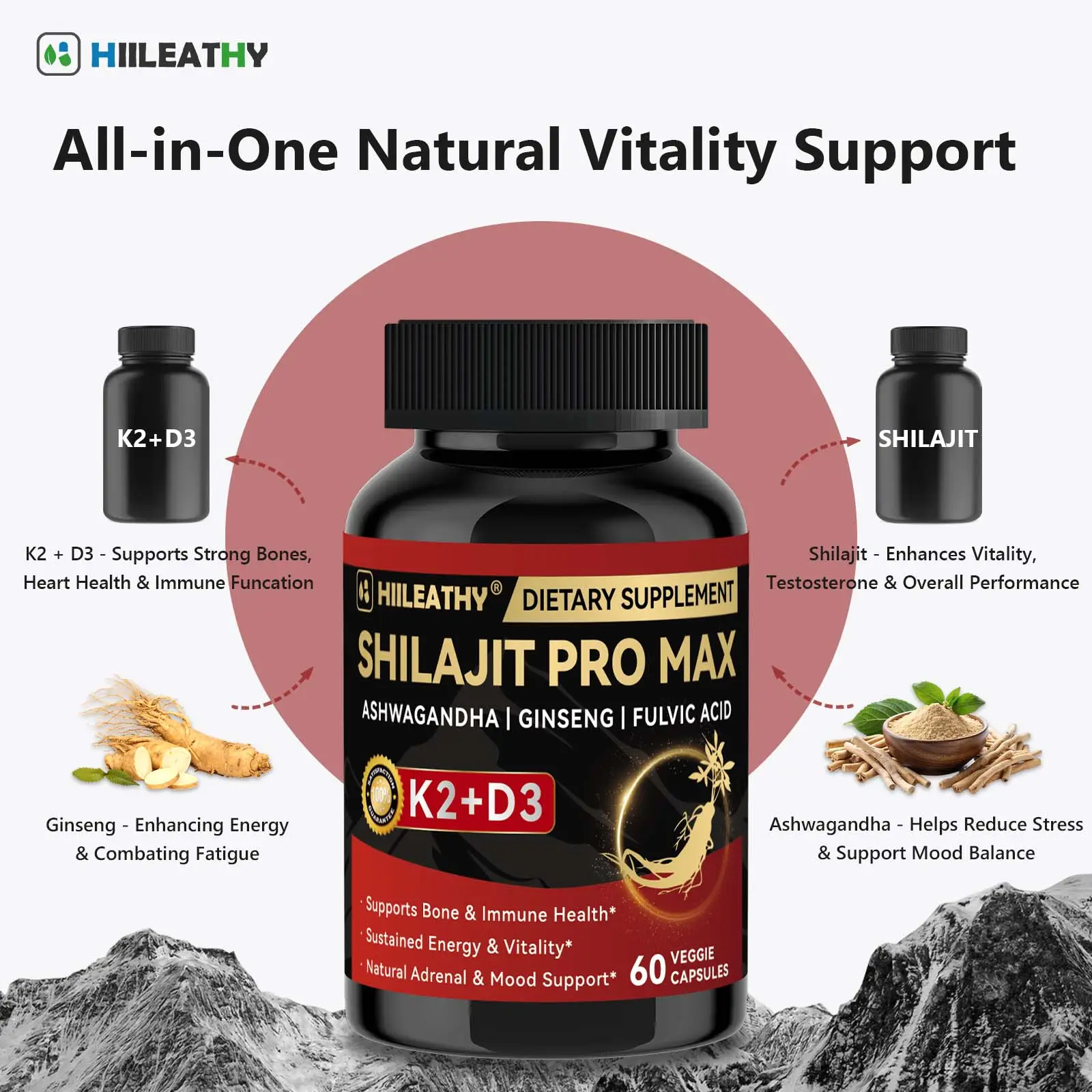 HIILEATHY Optimal Shilajit PRO MAX | K2+D3 | 60 Capsules Made in USA with Essential Minerals for Healthy Aging and Immune System Support