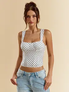 Women's Polka Dot Square Neck Camisole - Corset Style Sleeveless Crop Top, Slim Fit Waist Cincher Tank Top