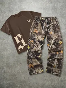 Men's Fashion Street Streetwear Vintage Camouflage 2-Piece Set, Letter Print Graphics Short Sleeve T-Shirt & Leaf Camo Wide Leg Pants, Outdoor Adventure/street Style
