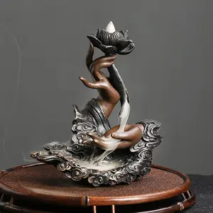Lotus Flower Design Backflow Incense Burner, Buddha Hand & Lotus Design Incense Holder Decoration Fragrance, Decorative Candle Holder, Incense Burner Holder for Home Decor, Halloween, Resin Material, Aroma