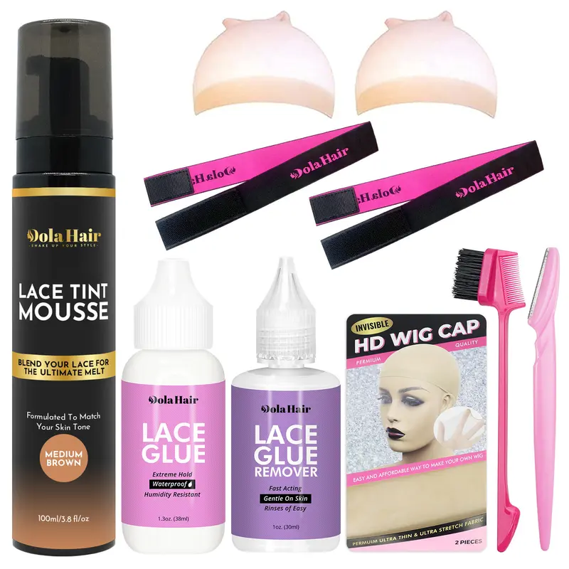 Dolahair Lightweight Foaming Lace Tint Mousse Haircare Pack for Wig Install, Knots Bleaching - Includes 2 Melting Bands, Lace Glue Adhesive, Tinting Formula, Ethyl Hexanediol for Undetectable Results (For Adults, Males)