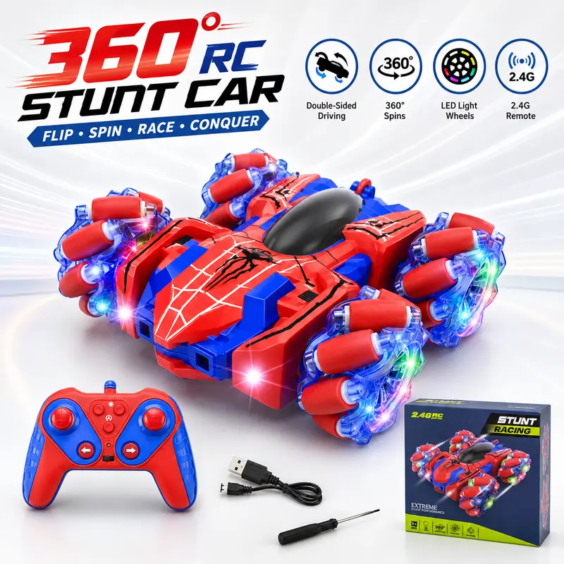 4WD RC Stunt Car for Kids 6+, 360° Rotation, Double-Sided Driving, LED Lights, Rechargeable Remote Control Toy