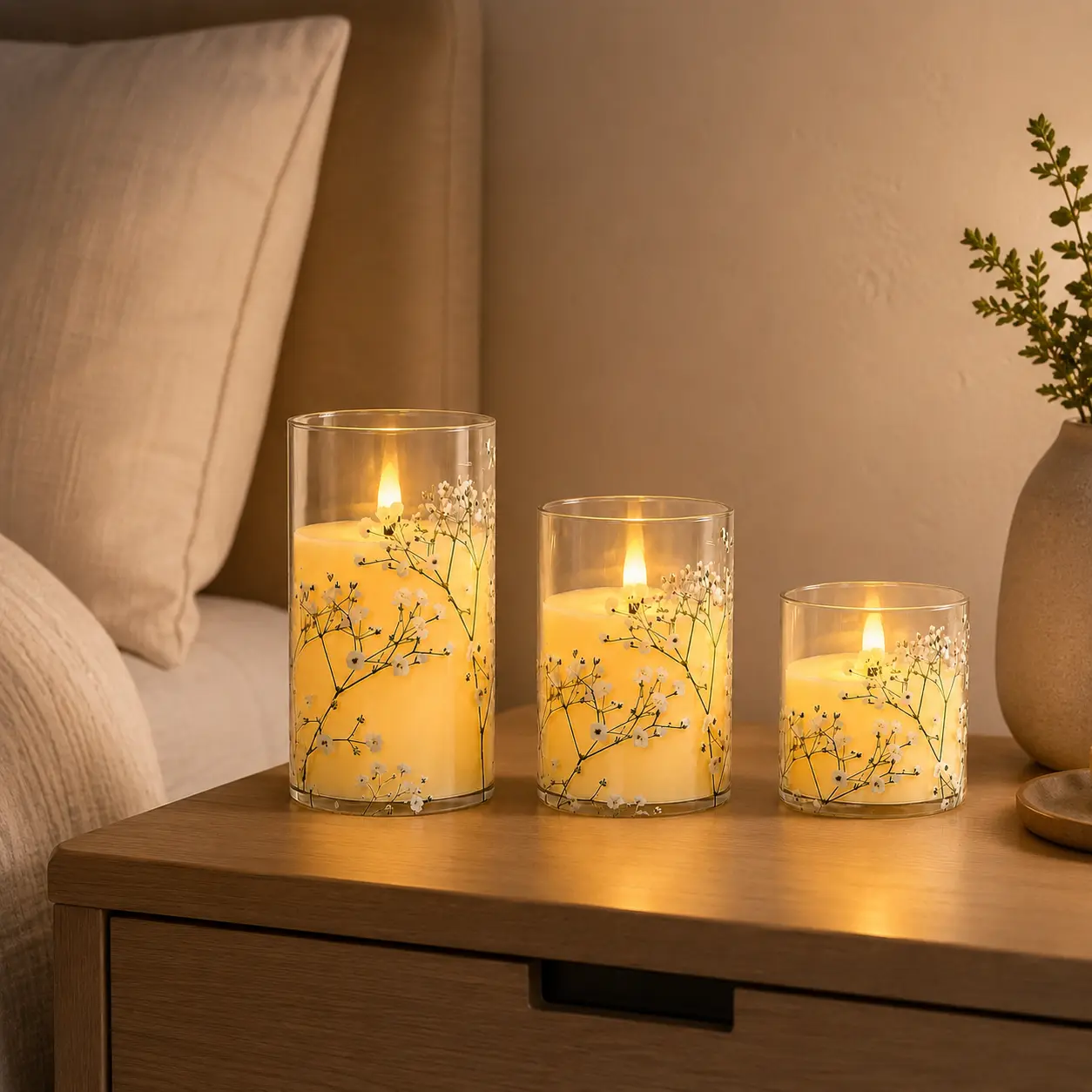 Floral Glass Flameless Candles Set of 3, Decorative LED Pillar Candles with Warm Flickering Glow, Elegant Flower Design Candle Holders for Home Decor, Living Room, Bedroom, Dining Table & Wedding Centerpiece