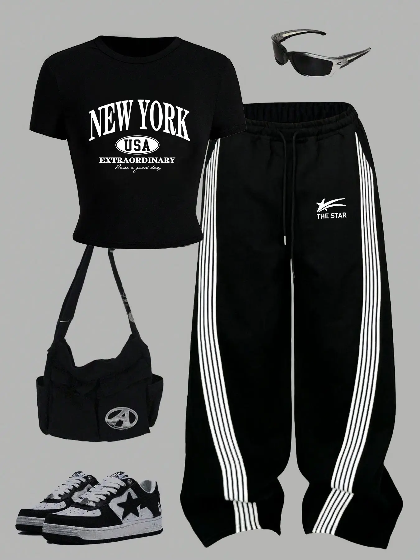 Women's Fitted Round Neck Short Sleeve T-Shirt + Loose Casual Striped Pattern Pants Set, New York Letter Print, Comfortable Leisure Wear, Essential Outfit, Clothing Set