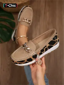 Women's Plus Size New Fashion Round-Toe Slip-On Shoes with Rhinestone Metal Buckle and Leopard Print, Thick-Soled Flatform, Simple and Comfortable for Daily Wear, Lightweight Commuting and Casual Shoes Footwear