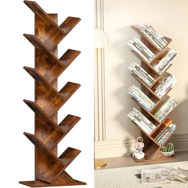 10 Tier Tree Book Shelf, Floor Standing Wood Bookshelf for Narrow Space, Storage Organizer for Books/CDs/Magazine, Living Room - Brown Interior