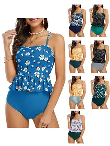 FISOEW High Waisted Swimsuits Peplum Tankini Set Ruffle Floral Print Teen Spaghetti 2 Piece Halter Bikini Swimwear