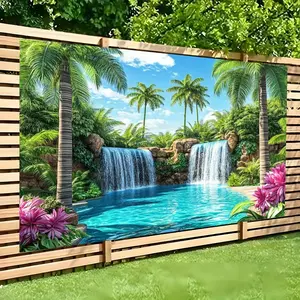 1PC,2D Flat Backdrop Tropical Waterfall Pool Themed Decorative Backdrop, Suitable For Festival Party Photography Arrangement, Create Immersive Natural Landscape Atmosphere, Palm Tree, Green Plant And