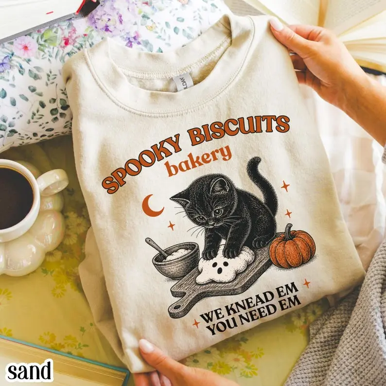Kitty Biscuits Sweatshirt, Spooky Season Sweater, Black Cat Halloween Fall Pullover, Vintage Baking Pumpkin Crewneck, Cozy Cat Lover Fall Gift