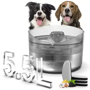 NPET 5L/1.32GAL/ 169.07OZ Dog Water Fountian, Dog water dispenser for large dogs with 4 filters or 8 filters, Super quiet pump with triple filtration, With Splash Guard, Great for large dogs cats and multiple pets, Transparent black and Transparent white
