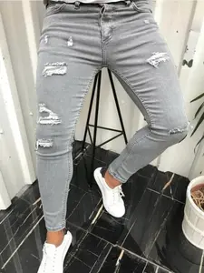 Men Holes Stretch Skinny Jeans Trousers Stylish Solid Ripped Slim Casual Male Pencil Denim Pants