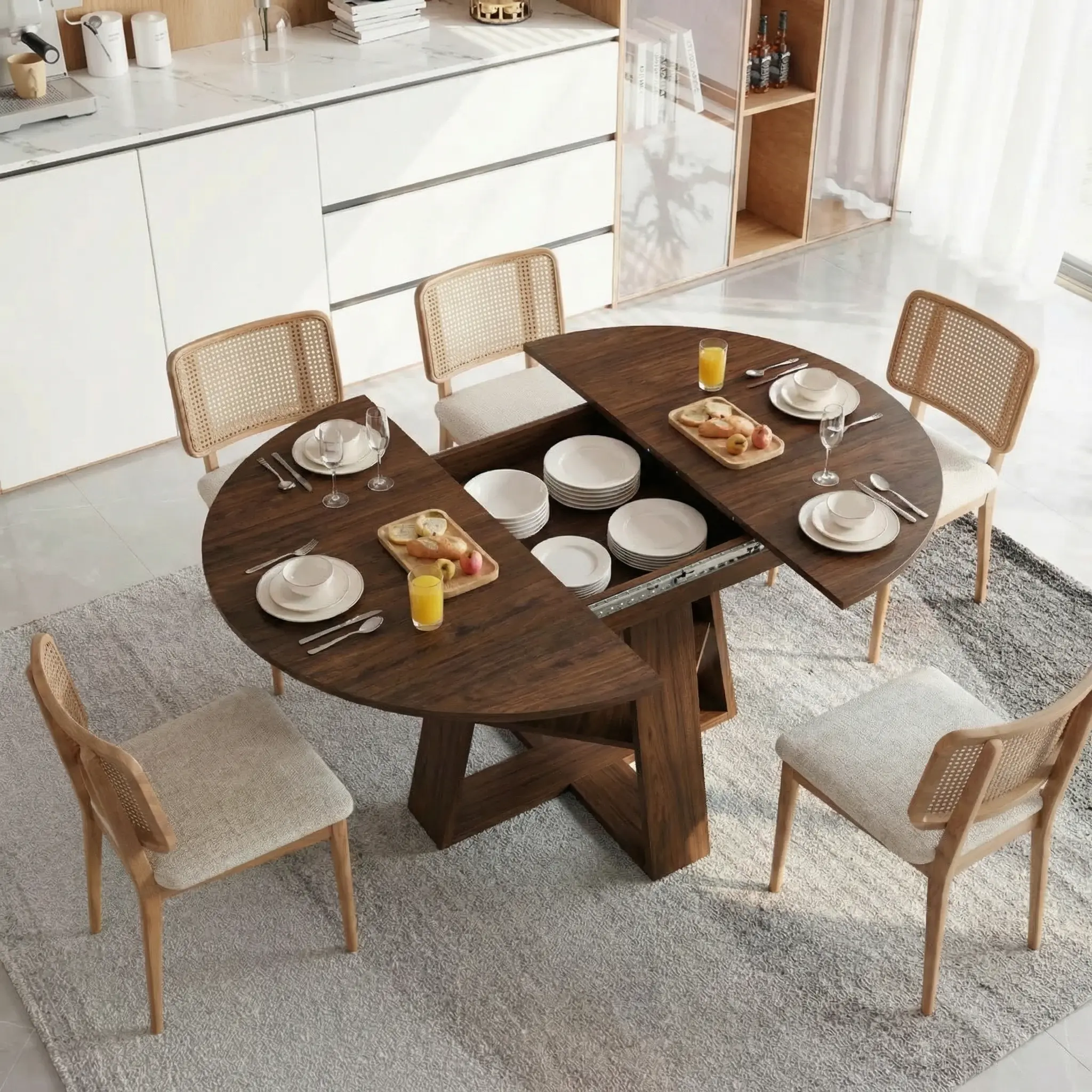 Expandable Round to Oval Retractable Dining Table 43.3in-59in, Fit 4-8 Persons, Space Saving Dinner Table with Hidden Extension Leaves, Wooden Cross Base Featuring Storage Shelf for Kitchen Living Room room table