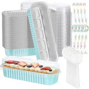 100 Pack Mini Cake Pans with Lids and Spoons,6.8oz Mini Loaf Pans with Lids Cake Tins Rectangular Aluminum Foil Baking Pans with Sealing Sticker Cheesecake Containers