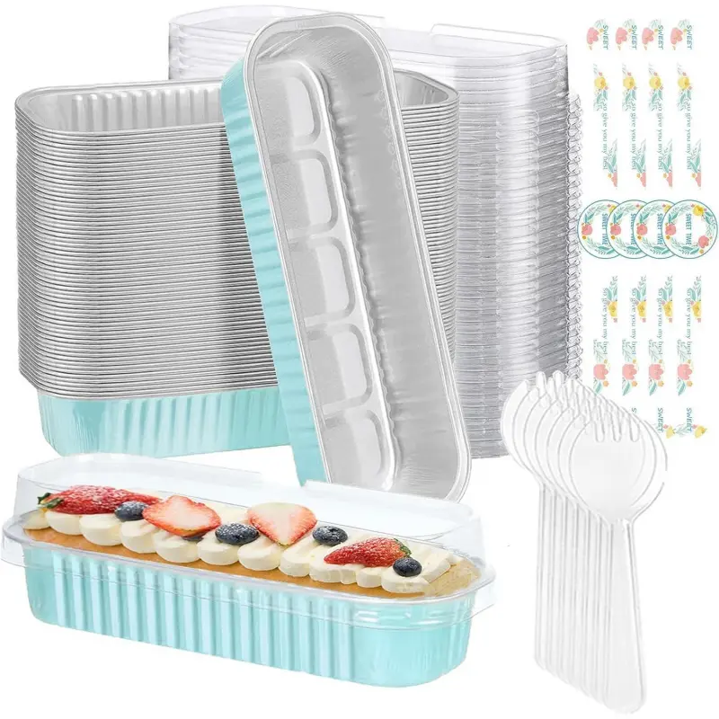 100 Pack Mini Cake Pans with Lids and Spoons,6.8oz Mini Loaf Pans with Lids Cake Tins Rectangular Aluminum Foil Baking Pans with Sealing Sticker Cheesecake Containers