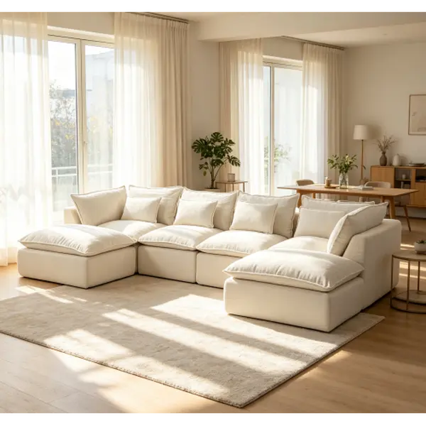 Niccae Chenille Fluffy U-Shaped Couch - 130.7-in Upholstered Sectional, 4 Cloud-Cushioned Pieces with Movable Footrests, DIY Configurable Chic Set, Sub-2 Package for Living Room Couches