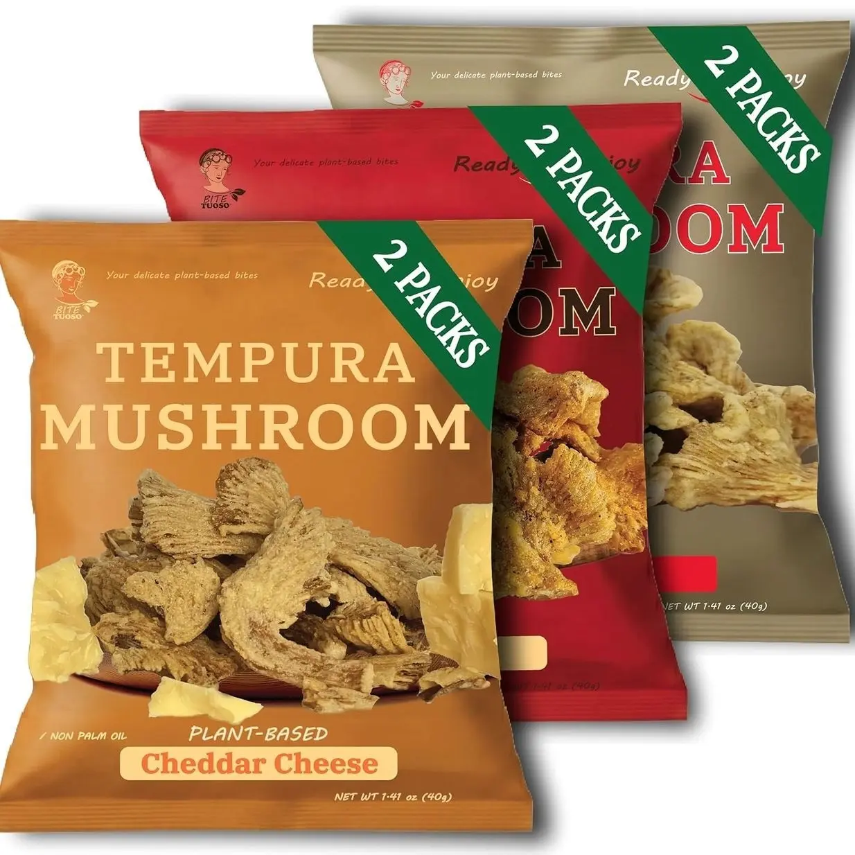 BITETUOSO Tempura Oyster Mushroom Chips, Non-GMO, Asian Crunchy Chips, Vegan, Plant-Based Original, BBQ, Plant-Based Cheddar Cheese Flavor (1.41 oz, 6-Pack), Individually Wrapped Snack Pack