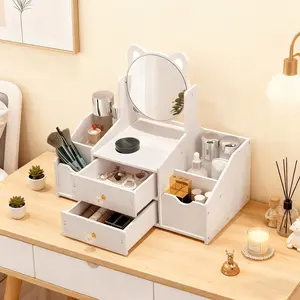Makeup Mirror Desktop Drawer Storage Box, Multi-Layer Classification Organizer, PVC Cosmetic Office Stationery Drawer Cabinet