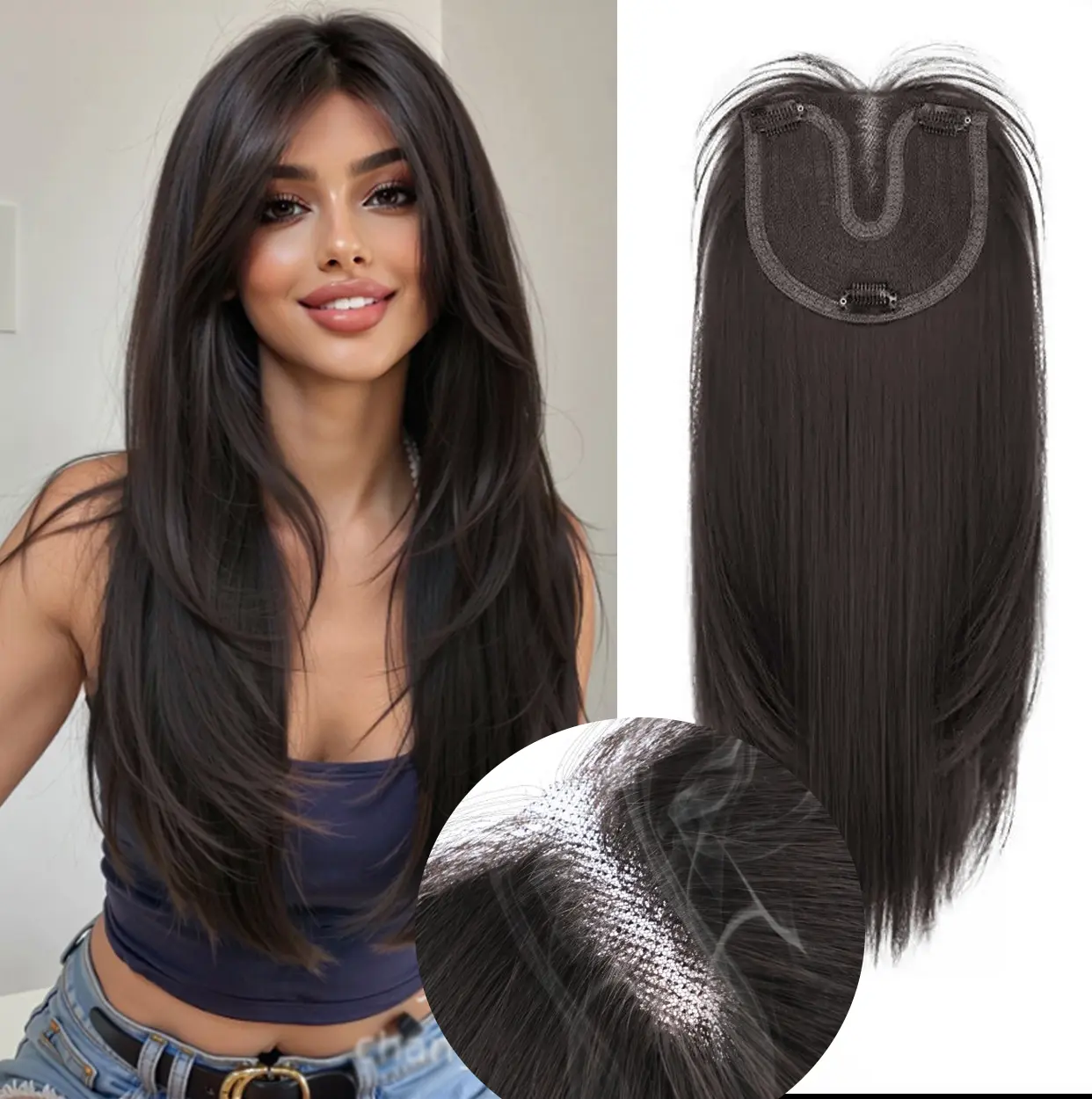 Silky Straight Hair Topper for Women, 16/22" Highlighted Heat-Resistant Clip-In Synthetic Hairpiece with a 6"x5.5" Base for Fluffy Layers, Top Coverage & Volume Enhancement, Glow Up, Female, Mixed Hair, Full Wig, Highlight Accents