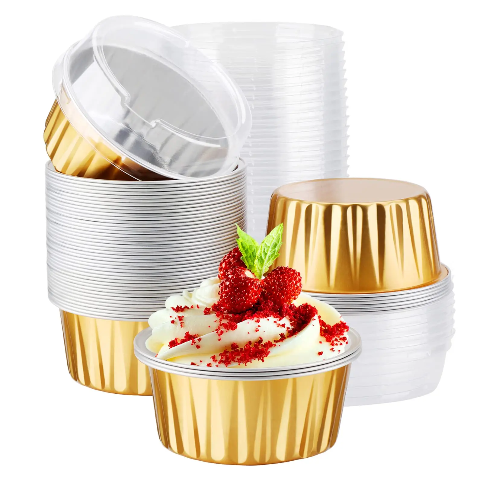 Sturdy Gold 50-Pcs 5oz Disposable Mini Aluminum Foil Ramekin Bakeware Molds with Waterproof, Oilproof Surface Lids, Oven-Safe Baking Dishes, Reusable Cups for Creme Brulee, Holiday Events, Fast Heat Transfer