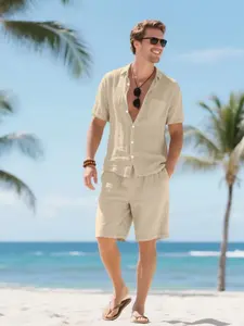 Two-Piece Set Men's Solid Linen Shirt & Shorts Set, Loose Casual Breathable Short Sleeve Button Up Top & Shorts, Men's Two-piece Outfits for Tropical Beach Vacation, Clothes, Menswear
