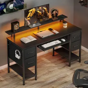 Reversible Computer Desk with Charging Station, Office Desk with Drawers and Shelves, Bureau de Travail, Home Office Desks, Study Table with Monitor Stand
