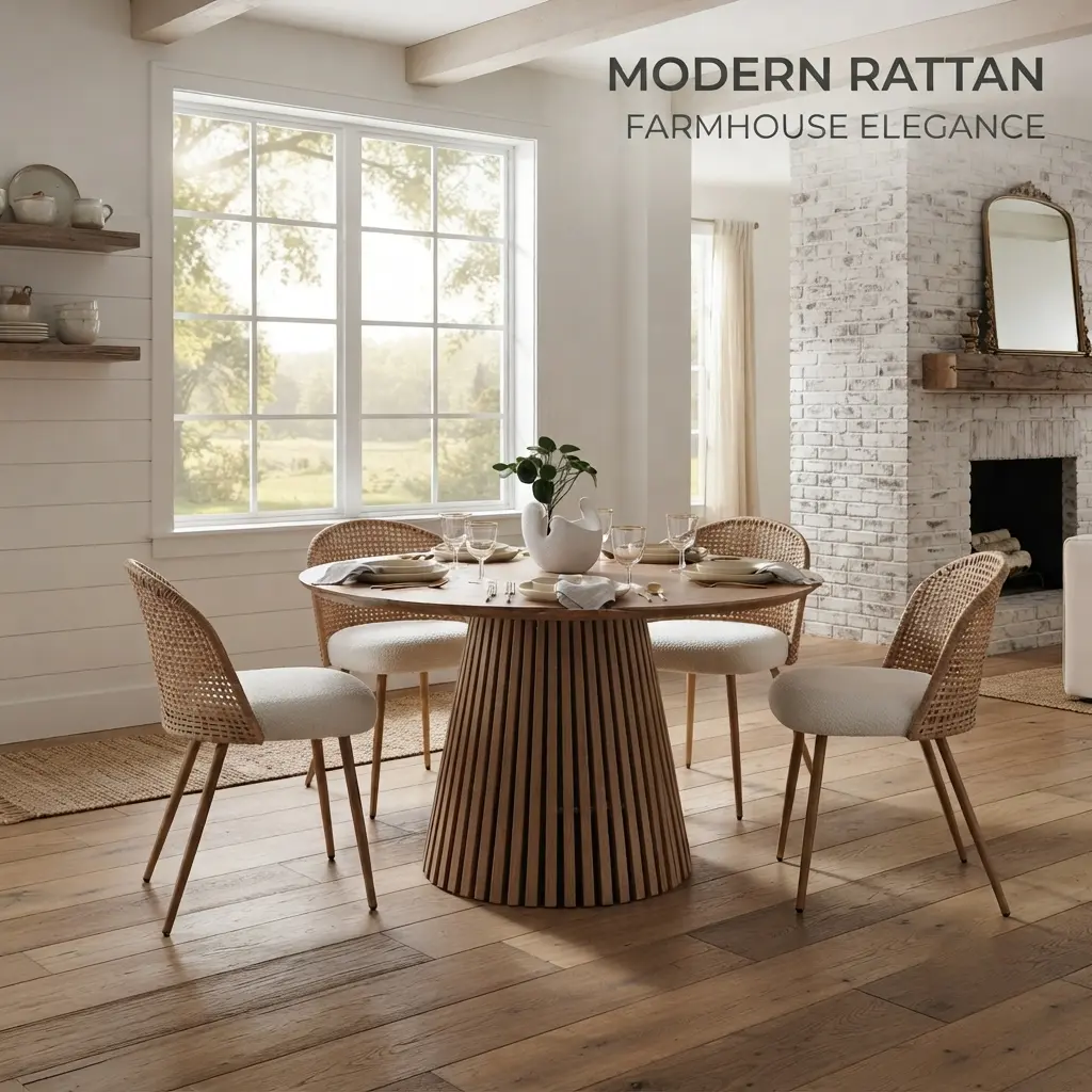 4-Piece Farmhouse Weaved Rattan Dining Chairs - Soft Cushions, Rattan & Metal Construction, Sturdy Iron Legs, Modern Bohemian Indoor Seating for Dining Room Kitchen
