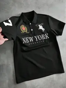 Men's New York Print Short Sleeve Polo Shirt, Brooklyn Rider Badge Collar T-Shirt, Streetwear Y2K Oversize Top, Summer Casual Wear
