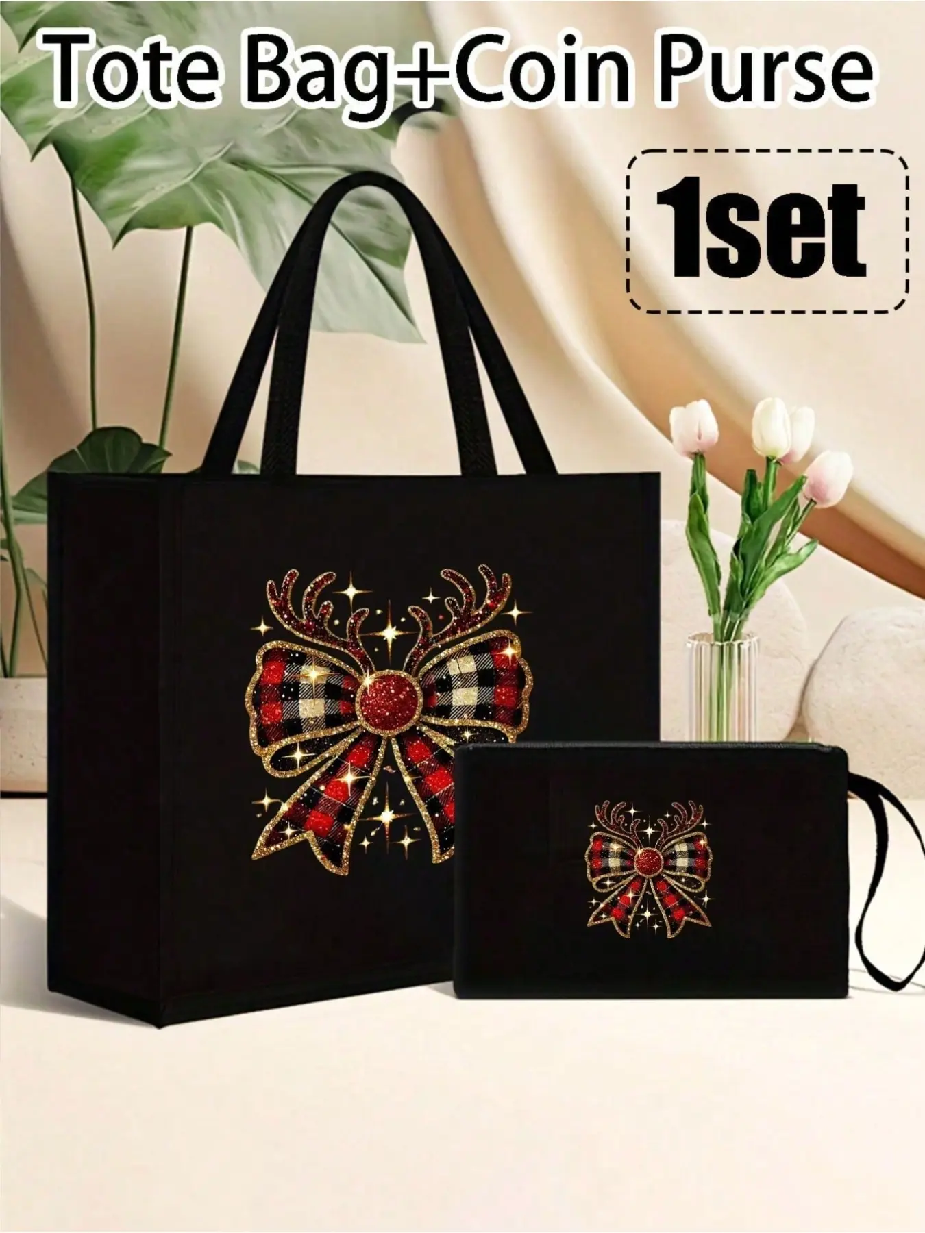 Christmas bow reindeer antler printed handbag, Christmas gift, handbag+coin purse, unisex, large capacity, essential handbag for mothers and grandmothers - fashionable shoulder bag, suitable for women's leisure shopping - gift choice