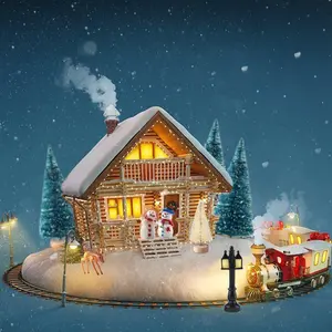 Mini Christmas Village Set with 22 Pine Trees 2 Snowmen 2 Deer Figures 2 Chair Benches 3 Lamps for Indoor Decorations Winter Display Platforms Wooden Base Ornaments, gift