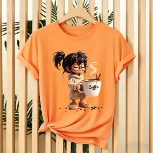Coffee Lover Cartoon Girl with Big Mug Graphic T-Shirt 180g Plus Size Heat Transfer Crewneck Tee for Women Soft Cotton Fabric Casual Summer Top Womenswear Anniversary tiktokshopspringglowup,summervibes