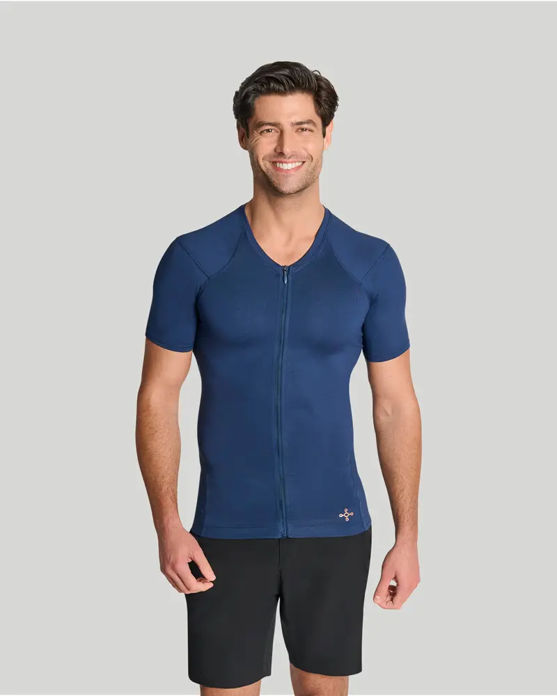 Tommie Copper Men's Short Sleeve Full Back Support T-Shirt - Workout Garments with Spandex Fabric, Zipper Detail, Reinforced Hem, Shortsleeve, Mesh, Sweat, Layer, Compression, Menswear