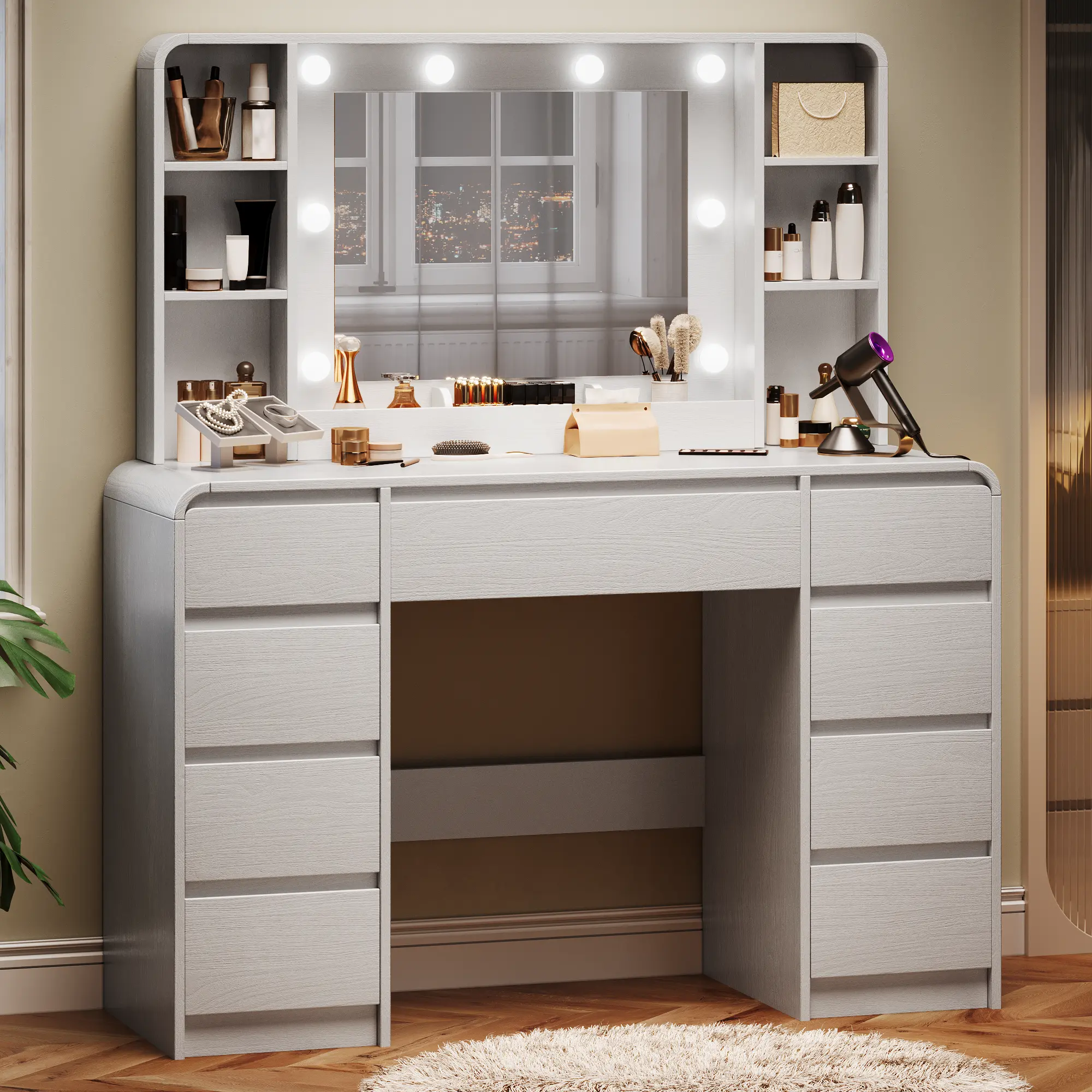 Glam Stable Makeup Vanity Desk with Lighted Mirror (3 Colors), 44.9" Table with Power Strip, 9 Drawers & Multi-Storage Shelves, Walnutoom Vanities for Women (White/Black/Walnut)