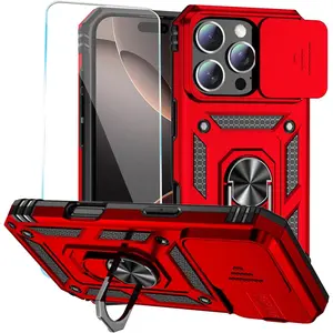 Case for iPhone 16 Pro Case with HD Screen Protector & Slide Camera Cover & Rotated Ring Kickstand, [Military-Grade] Phone Case for iPhone 16 Pro 6.3", Red