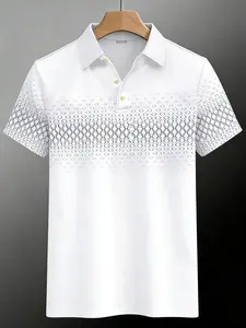 Men's White Gradient Diamond Print Polo Shirt Summer Short Sleeve Casual Slim Fit Business Streetwear T-Shirt