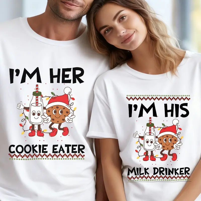 Men's & Women's Matching Christmas Couple T Shirts - Funny "I'm His Cookie Eater/Milk Drinker" Graphic Tee, Cozy Winter Shirts for Couples, Funny Holiday Outfits for Christmas Parties & Casual Attire, Delivered After Christmas!
