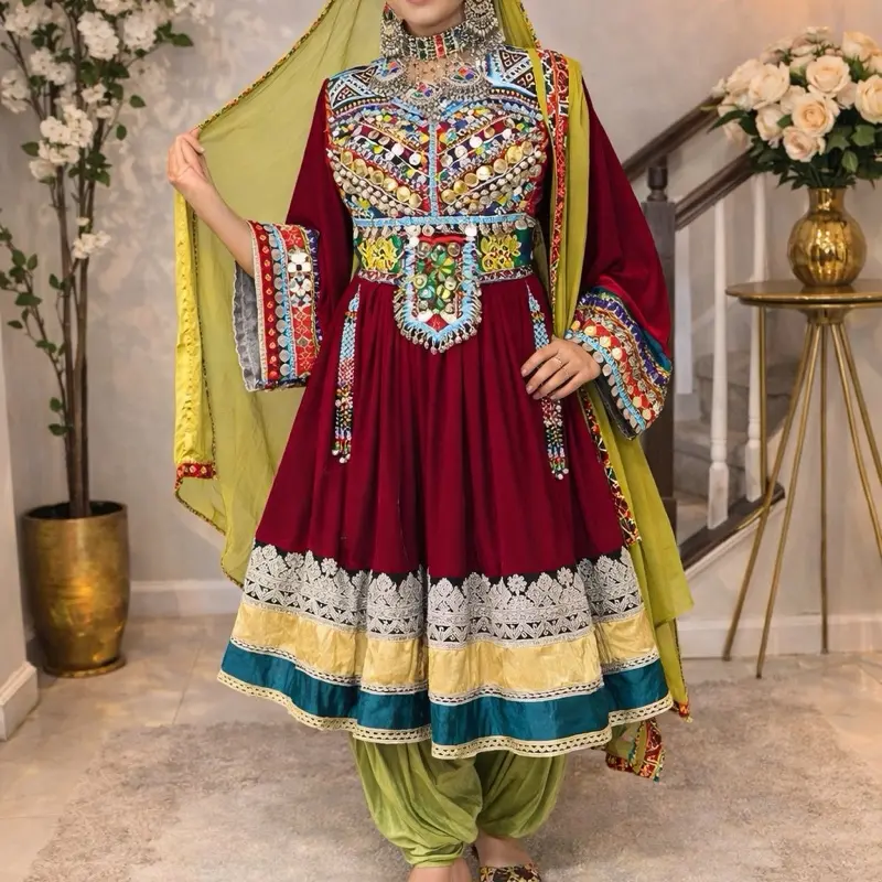 3 Piece Afghan Embroidered Dress – Elegant Party & Wedding Wear