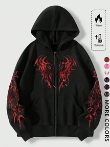 Gothic Rune Print Hooded Zipper Cardigan Sweatshirt, Graphic Print Hoodie, Gothic Rock Hoodie, Gothic Style Hoodie, Casual Hooded Sweatshirt, Unisex Streetwear Fall & Winter, Y2K Trendy Fashion, Men's Gift, Sports Gym Outdoor School